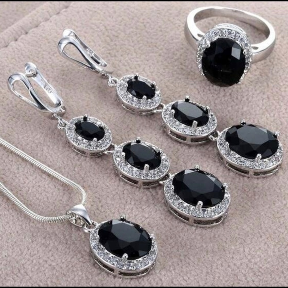 925 Sterling Silver Black Sapphire Ring, Earrings, Necklace, Jewelry Set
